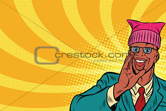 Politician man in a pussy hat campaigning