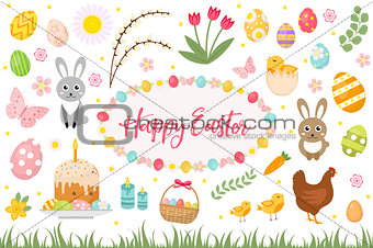 Happy Easter collection object, design element.  spring set with cake, basket, eggs, bunny, flowers, nestlings and more. Vector illustration, clip art.