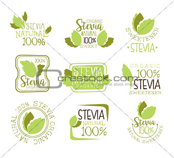 Stevia Natural Food Sweetener Additive And Sugar Substitute Set Of Green Color Logo Design Templates With Plant Leaves