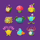 Childish Alien Fantastic Alive Plants Emoji Characters Collection Of Vector Fantasy Vegetation