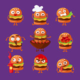 Burger Fast Food Sandwich Cartoon Humanized Character Emoji Sticker Set Of Vector Illustrations
