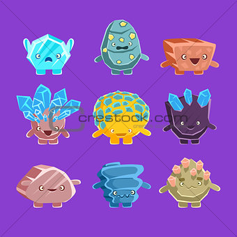 Alien Fantastic Golem Characters Of Different Humanized Rocks With Friendly Faces Emoji Stickers Collection