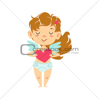 Girl Baby Cupid Holding A Heart, Winged Toddler In Diaper Adorable Love Symbol Cartoon Character