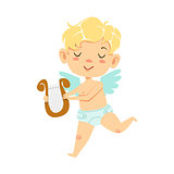 Boy Baby Cupid With Lira, Winged Toddler In Diaper Adorable Love Symbol Cartoon Character