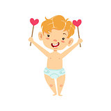 Boy Baby Cupid With Two Hearts On Sticks, Winged Toddler In Diaper Adorable Love Symbol Cartoon Character