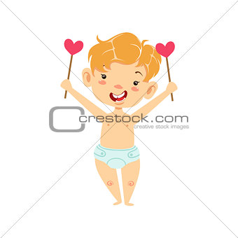 Boy Baby Cupid With Two Hearts On Sticks, Winged Toddler In Diaper Adorable Love Symbol Cartoon Character