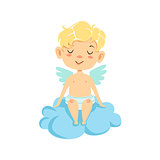 Calm Boy Baby Cupid On Cloud, Winged Toddler In Diaper Adorable Love Symbol Cartoon Character