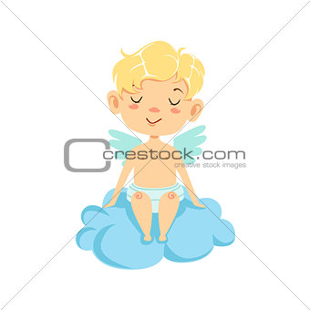 Calm Boy Baby Cupid On Cloud, Winged Toddler In Diaper Adorable Love Symbol Cartoon Character