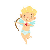 Boy Baby Cupid With Bow And Arrow, Winged Toddler In Diaper Adorable Love Symbol Cartoon Character