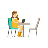 Woman Sitting At Her Desk With Lap Top, Coworking In Informal Atmosphere In Modern Design Office Infographic Illustration
