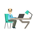 Bold Man In Glassins At His Working Desk, Coworking In Informal Atmosphere In Modern Design Office Infographic Illustration