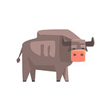 Grey Bull, Toy Simple Geometric Farm Cow Browsing, Funny Animal Vector Illustration