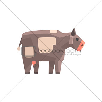 Toy Simple Geometric Farm Grey Cow Browsing, Funny Animal Vector Illustration