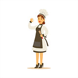 Woman Professional Cooking Chef Working In Restaurant Wearing Classic Traditional Uniform With Black Apron Cartoon Character