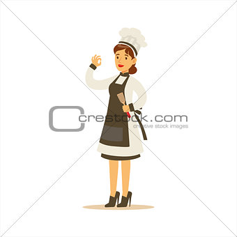 Woman Professional Cooking Chef Working In Restaurant Wearing Classic Traditional Uniform With Black Apron Cartoon Character