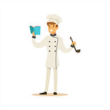 Man Professional Cooking Chef Working In Restaurant Wearing Classic Traditional Uniform With Recipe Book And Ladle Cartoon Character