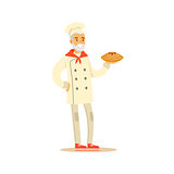 Old Man Professional Cooking Chef Working In Restaurant Wearing Classic Traditional Uniform Holding A Pie Cartoon Character