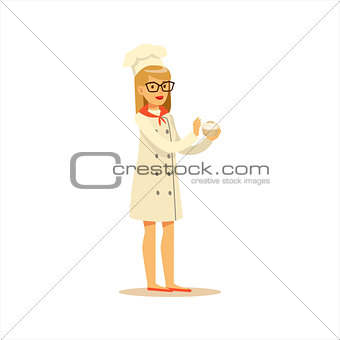 Woman Professional Cooking Chef Working In Restaurant Wearing Classic Traditional Uniform With Cupcake Cartoon Character