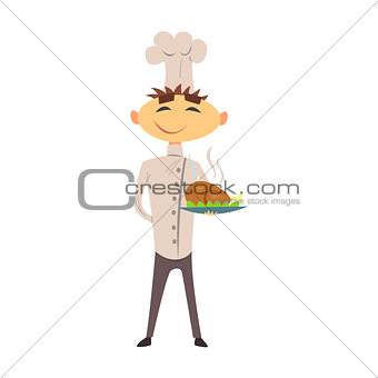 Professional Cook In Classic Double Breasted White Jacket And Toque With Roasted Chicken Dish