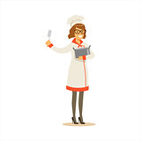 Woman Professional Cooking Chef Working In Restaurant Wearing Classic Traditional Uniform With Pot And Spatula Cartoon Character