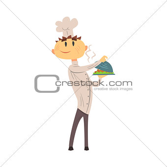 Professional Cook In Classic Double Breasted White Jacket And Toque With Hot Ready Dish