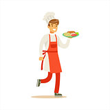 Man Professional Cooking Chef Working In Restaurant Wearing Classic Traditional Uniform Delivering Ready Plate Cartoon Character