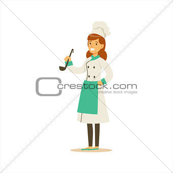 Woman Professional Cooking Chef Working In Restaurant Wearing Classic Traditional Uniform WIth Ladle Cartoon Character