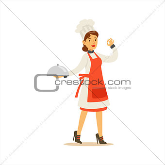Woman Professional Cooking Chef Working In Restaurant Wearing Classic Traditional Uniform Showing OK Gesture Cartoon Character