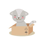 Little Girly Cute Kitten Sitting In Cardboard Box, Cartoon Pet Character Life Situation Illustration