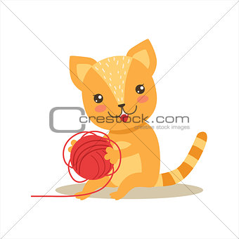 Red Little Girly Cute Kitten Playing With Clew Ball, Cartoon Pet Character Life Situation Illustration