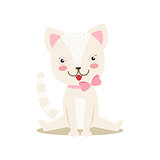 White Little Girly Cute Kitten With Bow Necklace, Cartoon Pet Character Life Situation Illustration