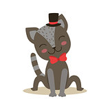 Black Little Girly Cute Kitten Wearing Top Hat And Bow Tie, Cartoon Pet Character Life Situation Illustration