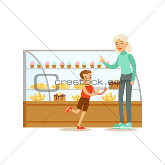 Kid And His Grandma Choosing Pastry To Buy From The Bakery Shop Assortment Vector Illustration