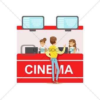 Guy Buying Cinema Tickets Whom Cashiers Counter, Part Of Happy People In Movie Theatre Series