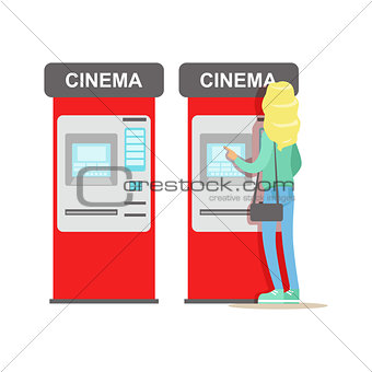 Woman Buying Tickets In Cinema Automatic Vending Machine, Part Of Happy People In Movie Theatre Series