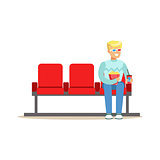 Blond Guy Sitting In Cinema Room Alone With 3D Glasses, Part Of Happy People In Movie Theatre Series