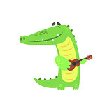 Crocodile Playing Guitar, Humanized Green Reptile Animal Character Every Day Activity