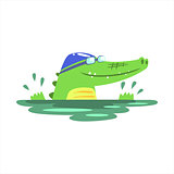 Crocodile Swimming In Pool With Rubber Hat, Humanized Green Reptile Animal Character Every Day Activity