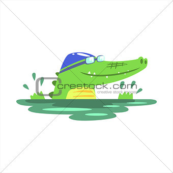Crocodile Swimming In Pool With Rubber Hat, Humanized Green Reptile Animal Character Every Day Activity