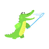 Crocodile Catching Butterflies With Net, Humanized Green Reptile Animal Character Every Day Activity