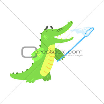 Crocodile Catching Butterflies With Net, Humanized Green Reptile Animal Character Every Day Activity