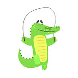Crocodile Jumping Skipping Rope, Humanized Green Reptile Animal Character Every Day Activity