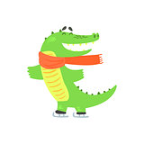 Crocodile Ice Skating, Humanized Green Reptile Animal Character Every Day Activity