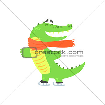 Crocodile Ice Skating, Humanized Green Reptile Animal Character Every Day Activity