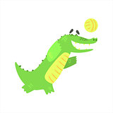 Crocodile Playing Volleyball, Humanized Green Reptile Animal Character Every Day Activity