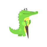 Crocodile Walkig With Closed Umbrella, Humanized Green Reptile Animal Character Every Day Activity