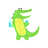 Crocodile WIth Bottle And Glass Having A Drink, Humanized Green Reptile Animal Character Every Day Activity