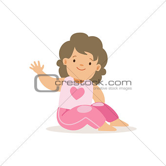 Girl In Pink Pants Waving,, Adorable Smiling Baby Cartoon Character Every Day Situation