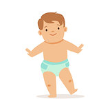 Boy In Nappy Doing First Steps, Adorable Smiling Baby Cartoon Character Every Day Situation