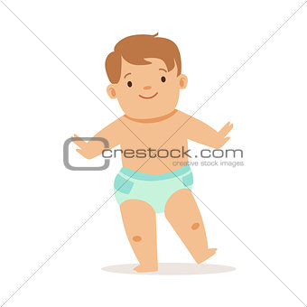 Boy In Nappy Doing First Steps, Adorable Smiling Baby Cartoon Character Every Day Situation